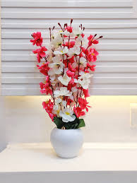Artificial Cherry Blossom Flower Plant with White Pot – Red & White Decorative Tabletop Vase