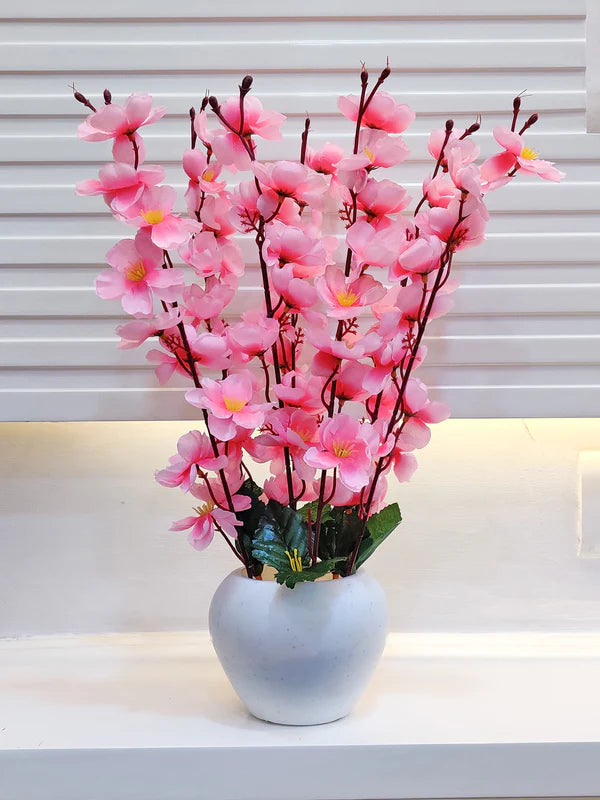 Artificial Cherry Blossom Flower Plant with White Pot – Red & White Decorative Tabletop Vase
