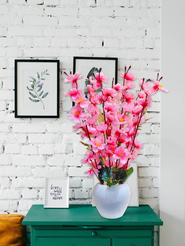 Artificial Cherry Blossom Flower Plant with White Pot – Red & White Decorative Tabletop Vase
