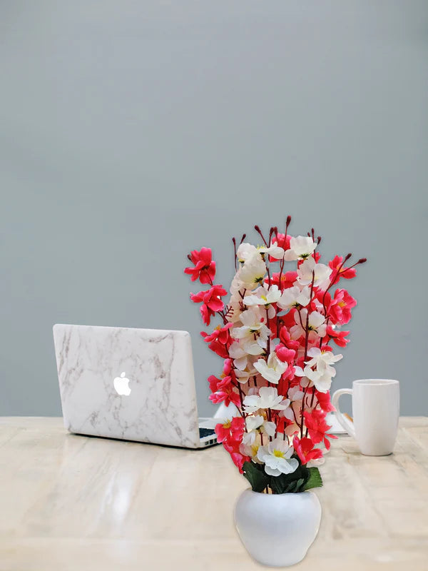 Artificial Cherry Blossom Flower Plant with White Pot – Red & White Decorative Tabletop Vase