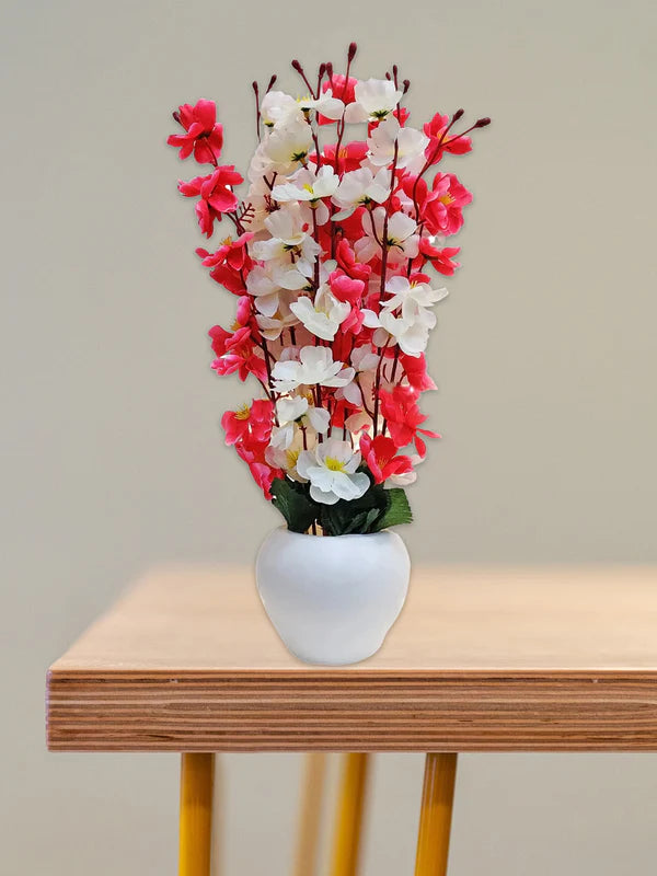 Artificial Cherry Blossom Flower Plant with White Pot – Red & White Decorative Tabletop Vase