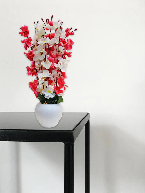 Artificial Cherry Blossom Flower Plant with White Pot – Red & White Decorative Tabletop Vase