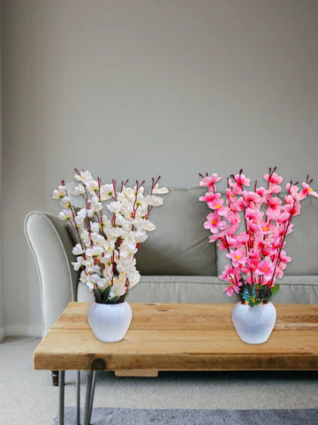 Artificial Cherry Blossom Flower Plant with White Pot – Red & White Decorative Tabletop Vase