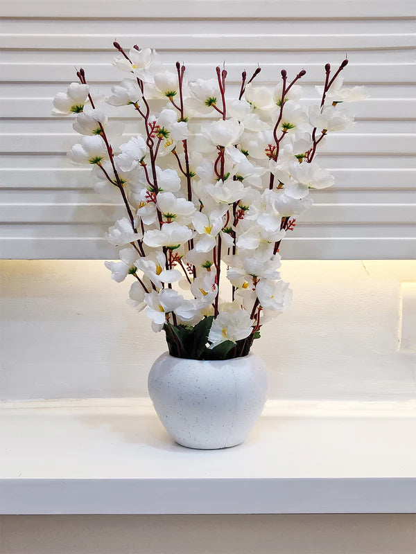 Artificial Cherry Blossom Flower Plant with White Pot – Red & White Decorative Tabletop Vase
